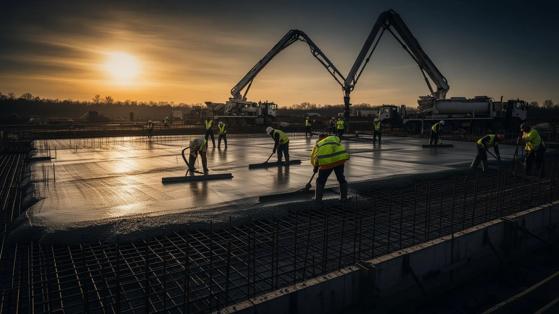 Commercial concrete pour at sunset